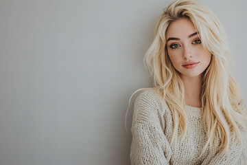 Stylish Blonde Woman in Minimalist Casual Outfit, Posing Against Neutral Background with Confidence and Elegance
