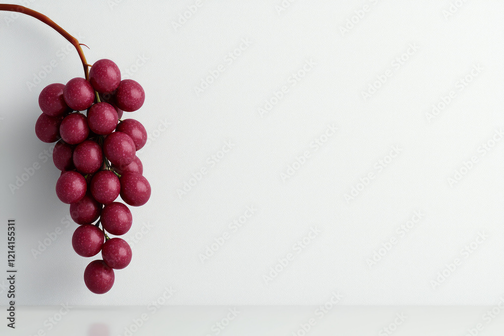 Poster a minimalist photograph of a single grape hanging from a thin vine against a stark white background,