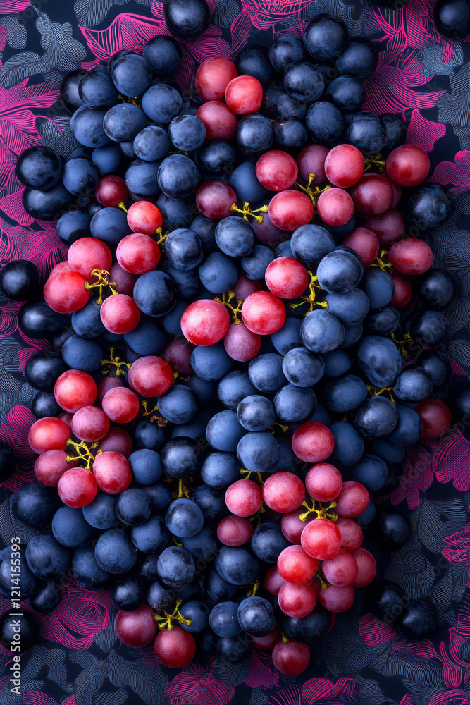 Poster A colorful overhead shot of assorted grapes scattered on a patterned fabric, creating a visually appealing and harmonious composition,