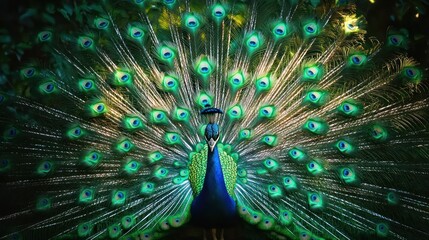 Obraz premium Peacock displaying its magnificent fan of iridescent tail feathers in full splendor.