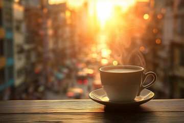 Obraz premium A cup of coffee or tea on a bustling cityscape outdoors.