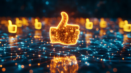 
A glowing thumbs-up symbol floating above a digital community network
