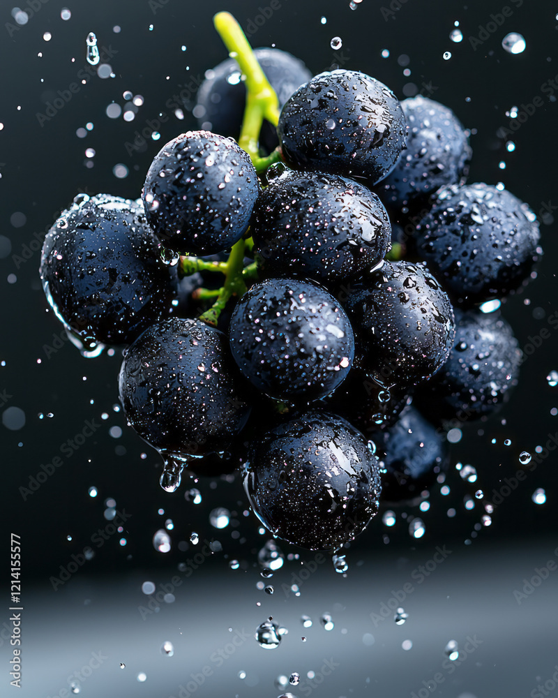 Poster a dynamic shot of grapes being tossed into the air during harvesting, capturing the motion and energ