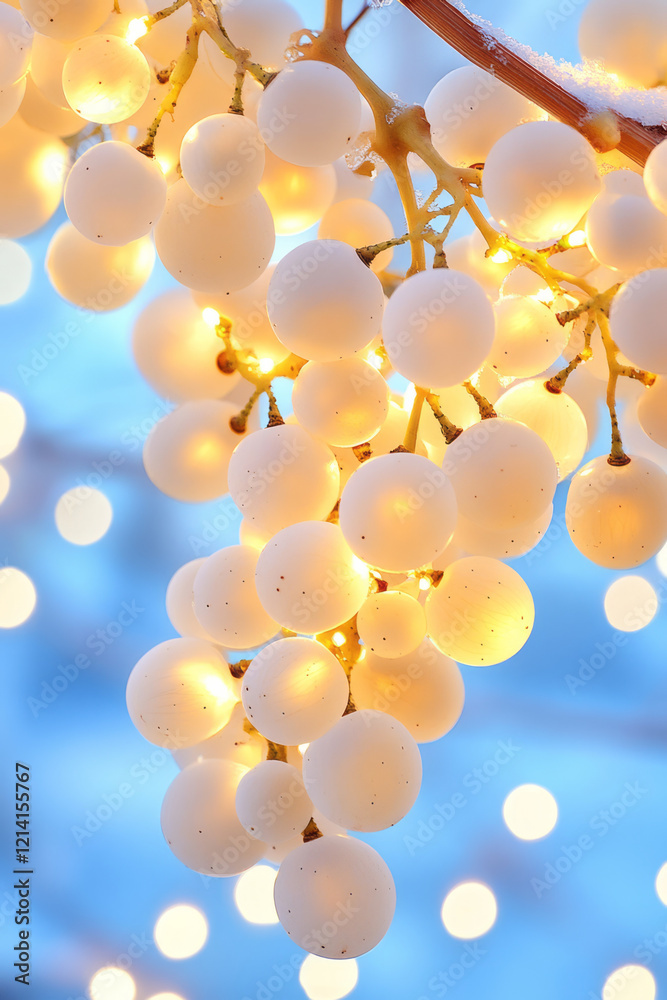 Poster a dreamy photograph of grapes illuminated by soft fairy lights, creating a magical and enchanting at