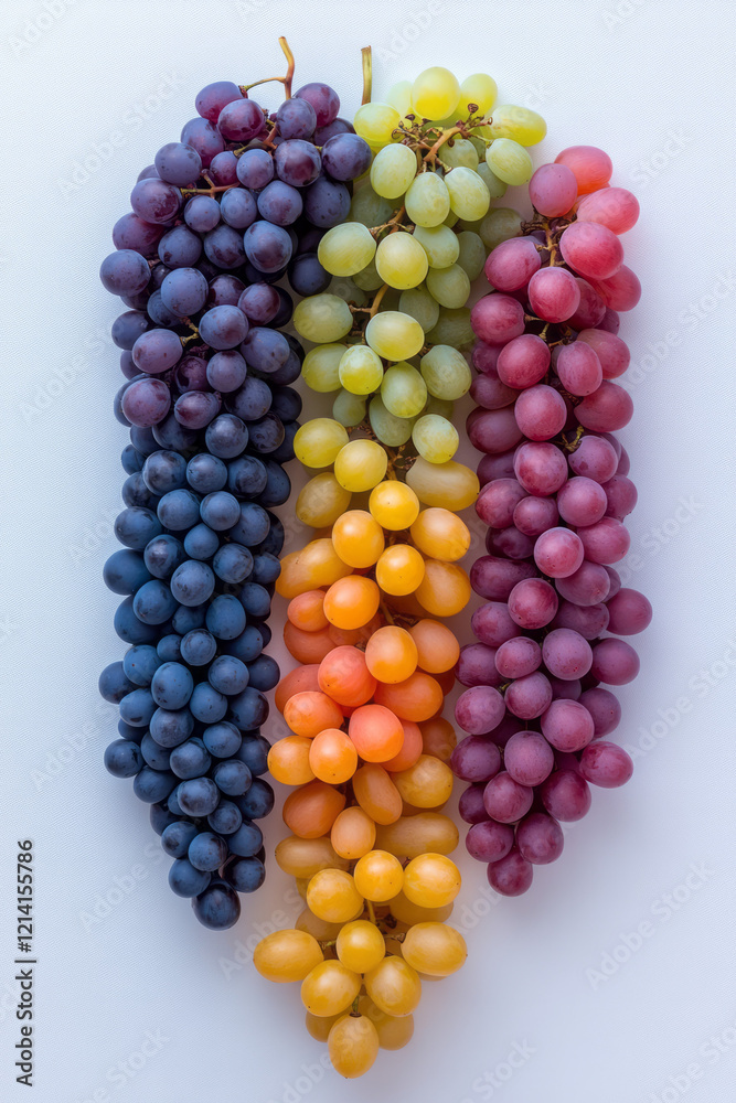 Poster a vibrant image of grapes in various stages of ripeness, arranged to show the transition from green 