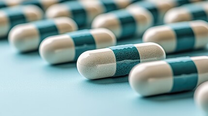 gray and white pills on a light green background, symbolizing various medications seamlessly integrated with the solid color of the page for an elegant display. 