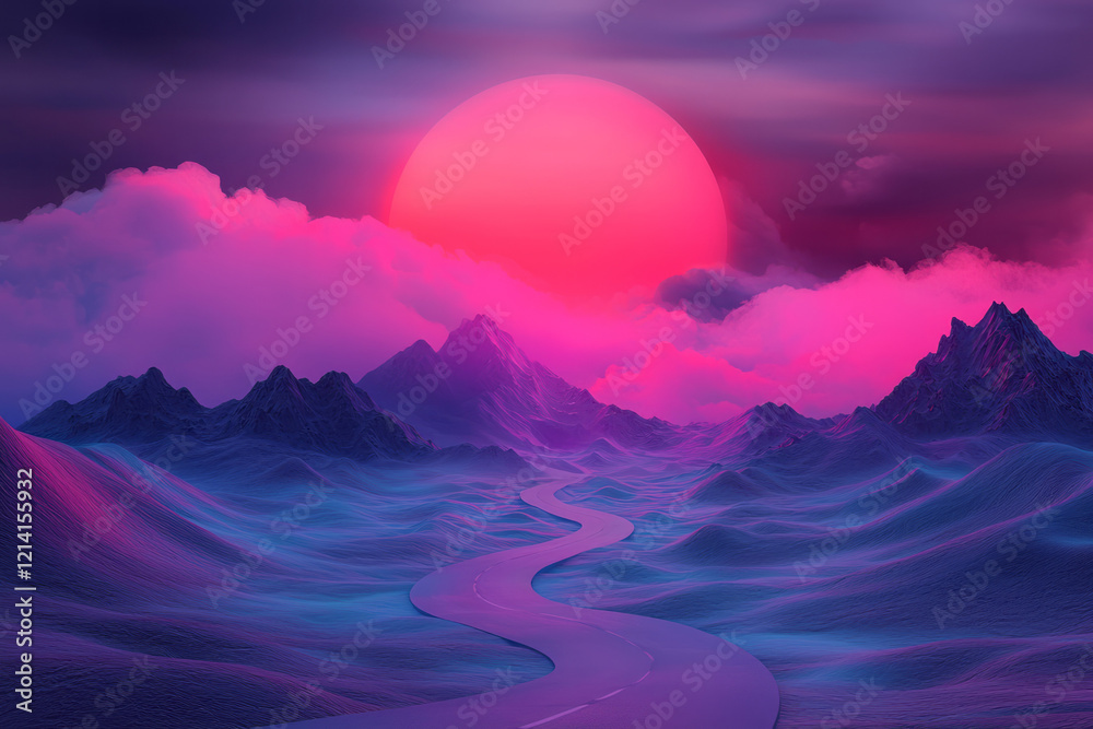 Poster A surreal landscape where vibrant, dream-like colors blend seamlessly with distorted reality, illustrating the essence of hallucinations with abstract shapes and ethereal lighting,