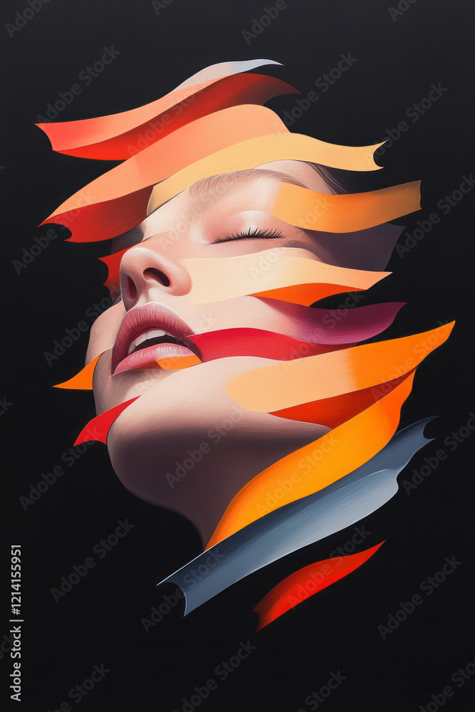 Aufkleber an abstract portrait of a person with multiple, overlapping faces and vivid colors, representing the