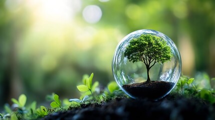 Eco Concept with Tree Inside Glass Sphere Symbolizing Conservation and Sustainability : Generative AI