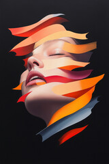 Obraz premium An abstract portrait of a person with multiple, overlapping faces and vivid colors, representing the fragmented and vivid nature of hallucinations,