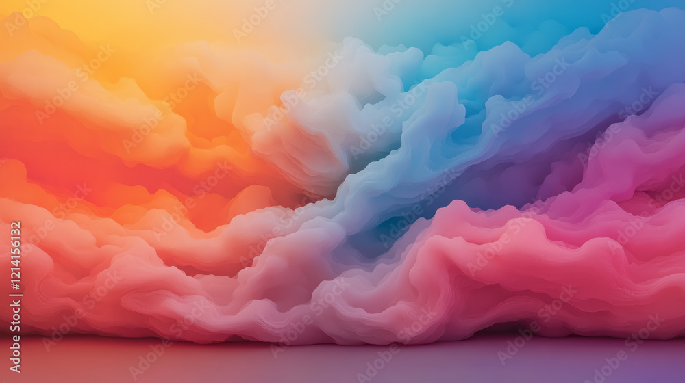 Poster a dreamscape featuring a cityscape melting into colorful clouds and abstract forms, capturing the fl
