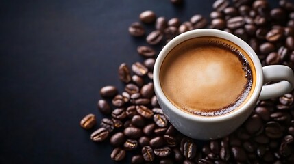 Fototapeta premium Cup of Espresso on Dark Background with Roasted Coffee Beans for a Rich Aromatic Experience : Generative AI
