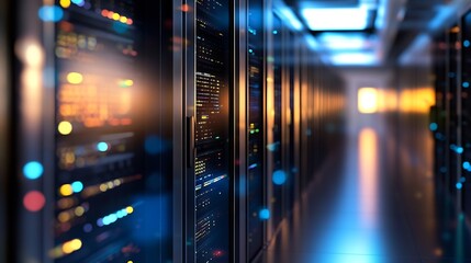 Futuristic Data Center Corridor with Glowing Server Lights at Night : Generative AI