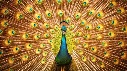Obraz premium Peacock displaying its magnificent fan of iridescent tail feathers in full splendor.