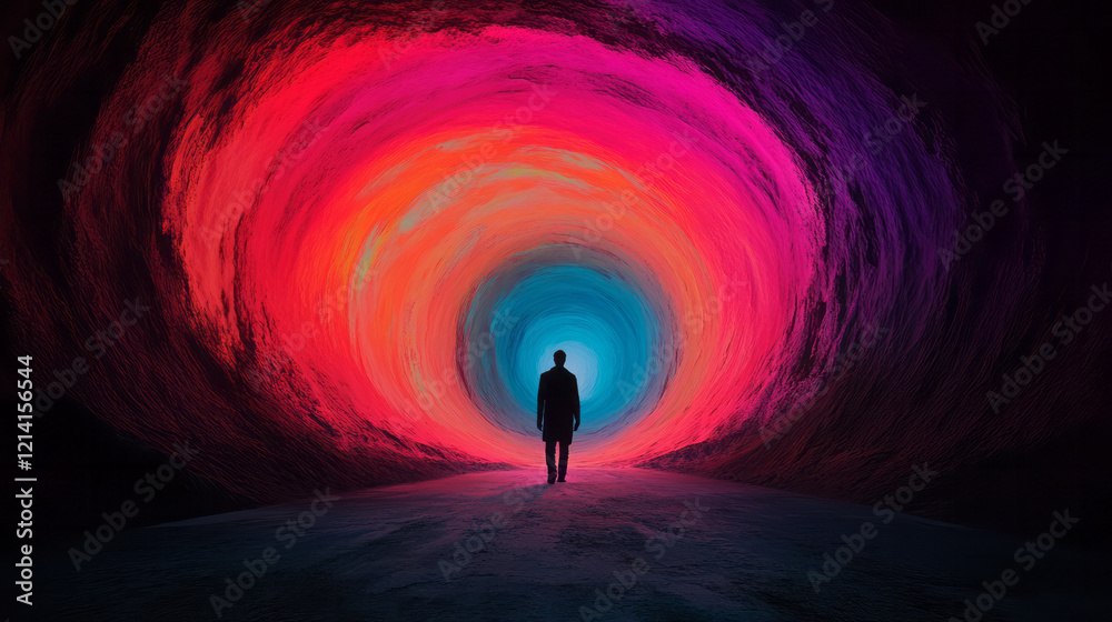 Aufkleber a vivid illustration of a person walking through a tunnel of colorful lights and abstract shapes, sy