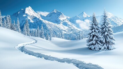 Obraz premium Serene Winter Wonderland: Majestic Snow-Covered Mountains and Winding Path