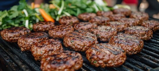 Juicy Grilled Meat Patties on a Barbecue Grill, Delicious Summertime Food, Close-Up, Outdoor Cooking