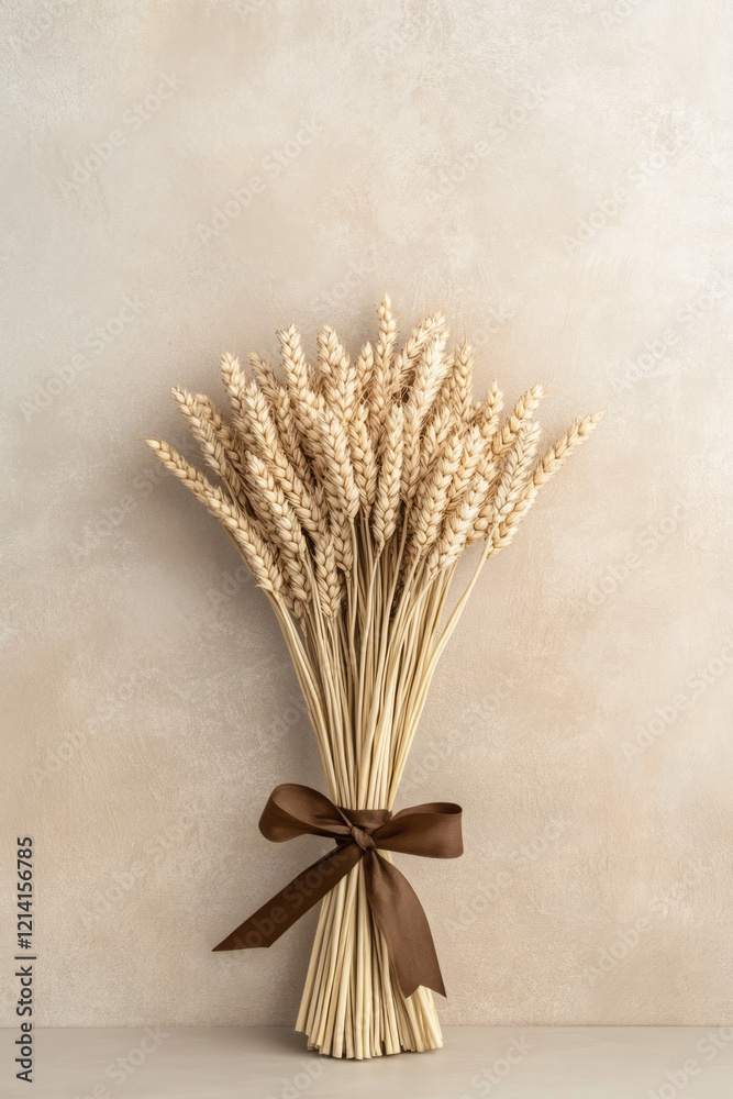 Aufkleber A creative studio setup featuring a bundle of fresh wheat tied with a rustic ribbon, placed on a modern geometric table with a neutral backdrop,