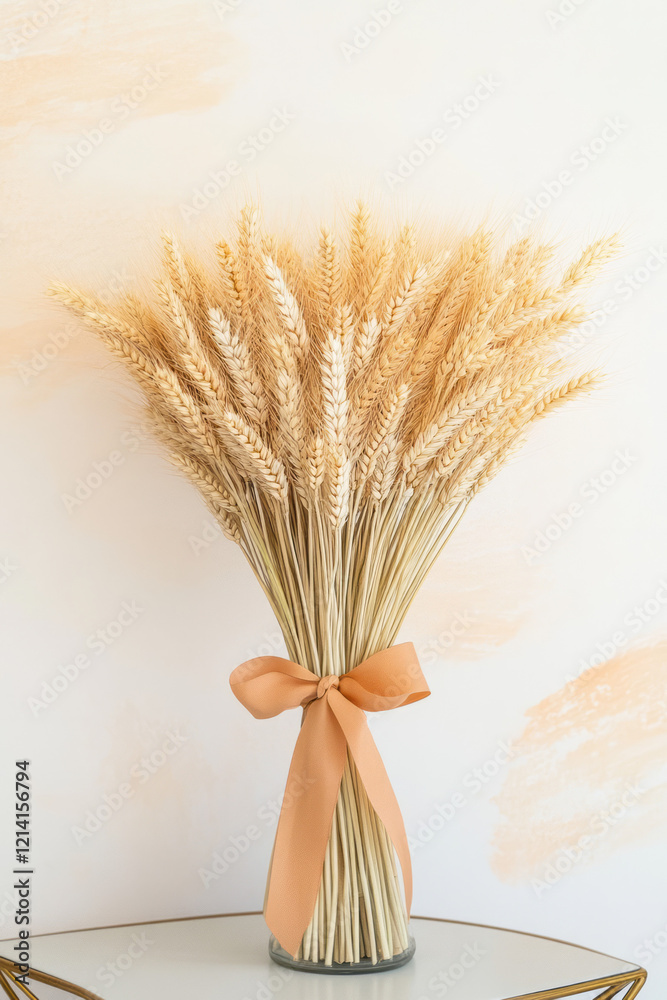 Aufkleber A creative studio setup featuring a bundle of fresh wheat tied with a rustic ribbon, placed on a modern geometric table with a neutral backdrop,
