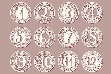 Set of 12 milestone cards with lace-style circular frames and numbers from 1 to 12. Perfect for baby photoshoots, monthly milestones, scrapbooking, or nursery decor.