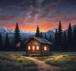 Illustration of wild landscape with cabin and starry sky.