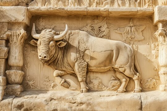 Bas relief of a bull decorating the ruins of persepolis, ancient ceremonial capital of the achaemenid empire