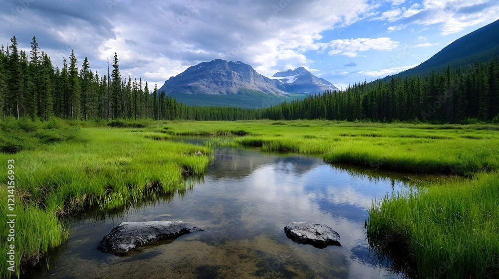 Poster Scenic Alpine Landscape with Mountain Range and Reflection in Tranquil Stream : Generative AI