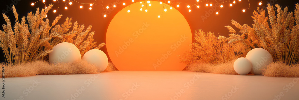 Poster a contemporary studio setup featuring wheat intertwined with fairy lights, creating a magical and wh