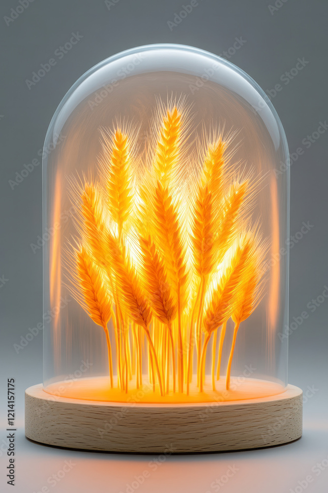 Aufkleber a minimalist studio shot of wheat placed inside a glass dome, with soft lighting creating a glowing 
