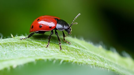 Fototapeta premium Vibrant Red Ladybug Crawling on a Leaf with Lush Greenery Background : Generative AI