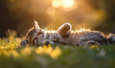 Playful Tabby Kitten Enjoys a Sunny Afternoon Nap, Bathed in Warm Golden Light on a Soft Green Grass, Capturing the Essence of Summer Bliss and Innocence