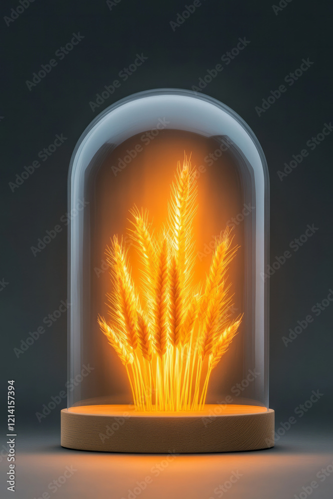 Poster A minimalist studio shot of wheat placed inside a glass dome, with soft lighting creating a glowing effect around the grains,