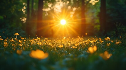 Obraz premium Sunburst through a meadow with wildflowers