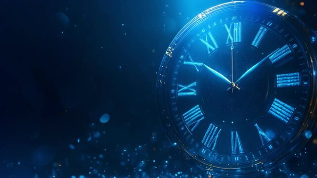 A stunning blue clock face displaying time amidst a sparkling background.
