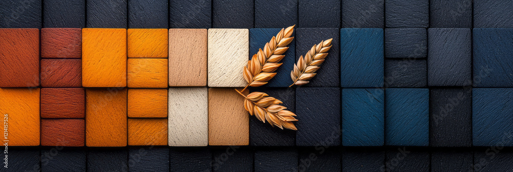 Aufkleber an abstract studio photograph of wheat arranged in geometric shapes, with contrasting colors and cle