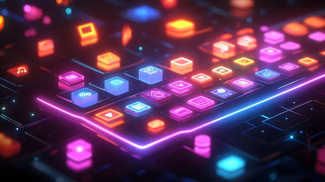 
A vibrant glowing keyboard with floating icons for storytelling, blogs, and marketing