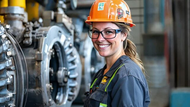 A woman heavy machinery operator smiles proudly as she completes a project involving high-capacity compressors, achieving outstanding results