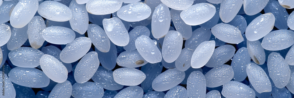 Aufkleber a detailed macro photograph of rice grains with water droplets, emphasizing their smooth surfaces an