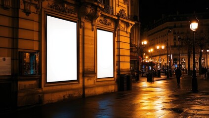 Two large, blank white poster frames stand on the side of an elegant building at night.