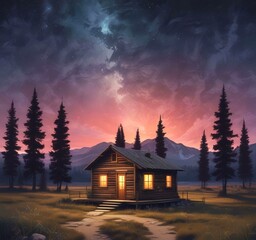 Illustration of wild landscape with cabin and starry sky.
