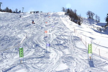 Ski center, skiers, people, sport.