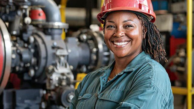 A woman heavy machinery operator smiles proudly as she completes a project involving high-capacity compressors, achieving outstanding results
