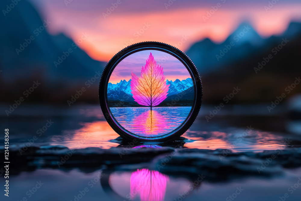 Aufkleber a close-up shot of a camera lens capturing a vibrant sunset over the mountains, with colorful rays r