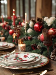 Festive Christmas table setting with red and gold decorations.