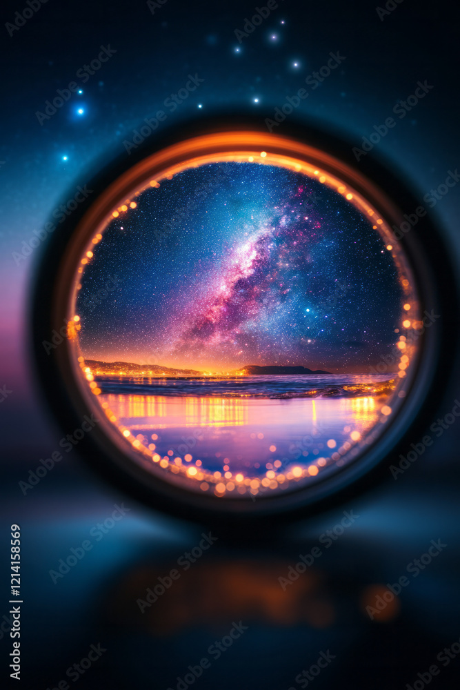 Poster A creative close-up of a camera lens capturing a starry night sky, with constellations and the Milky Way creating a breathtaking celestial backdrop,