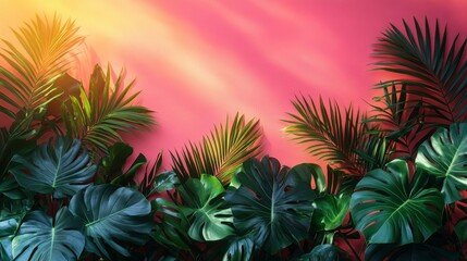 Tropical foliage against a pastel pink sunset sky