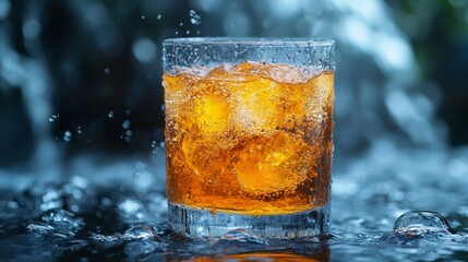 Glass of whiskey with ice on a reflective surface