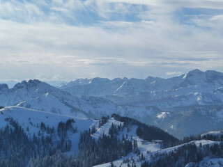 Mountain hiking at Brecherspitze mountain, Bavaria, Germany in wintertime