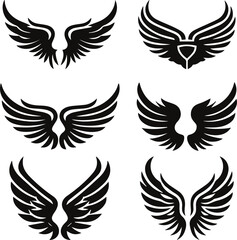 Obraz premium Black wings silhouette vector set, the wings set is ideal for logo, emblem, badge design. Versatile for art, heraldry, animal symbolism. set of multiple wings