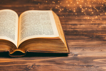 Obraz premium A stunning close-up of an open antique book with intricate golden lettering, placed on a rustic wooden table, with soft natural lighting highlighting the delicate pages and elegant design,